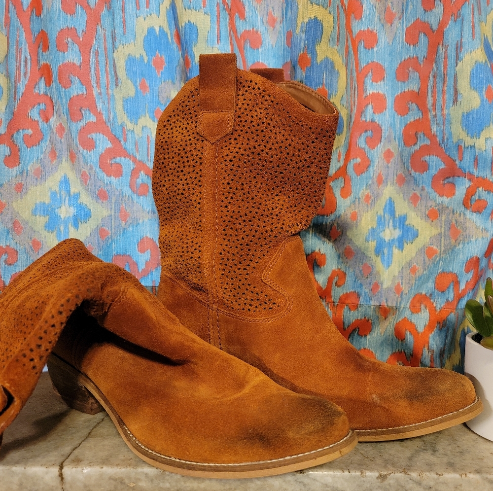 BCBGeneration Suede Perforated Ankle Boots in Cognac Brown
